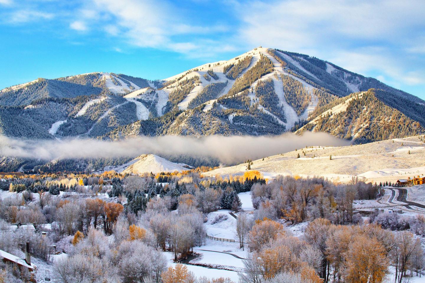 A view of a mountain resort in winter