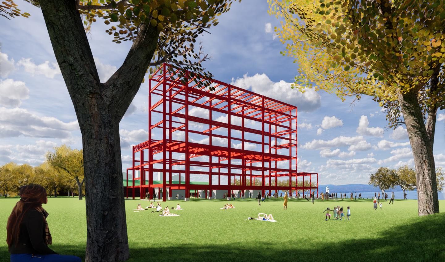 A digital rendering of a waterfront park with a generating facility