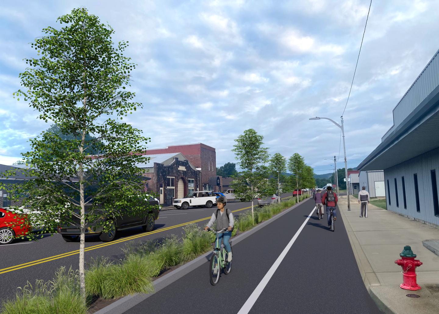 A digital rendering of a downtown bike path