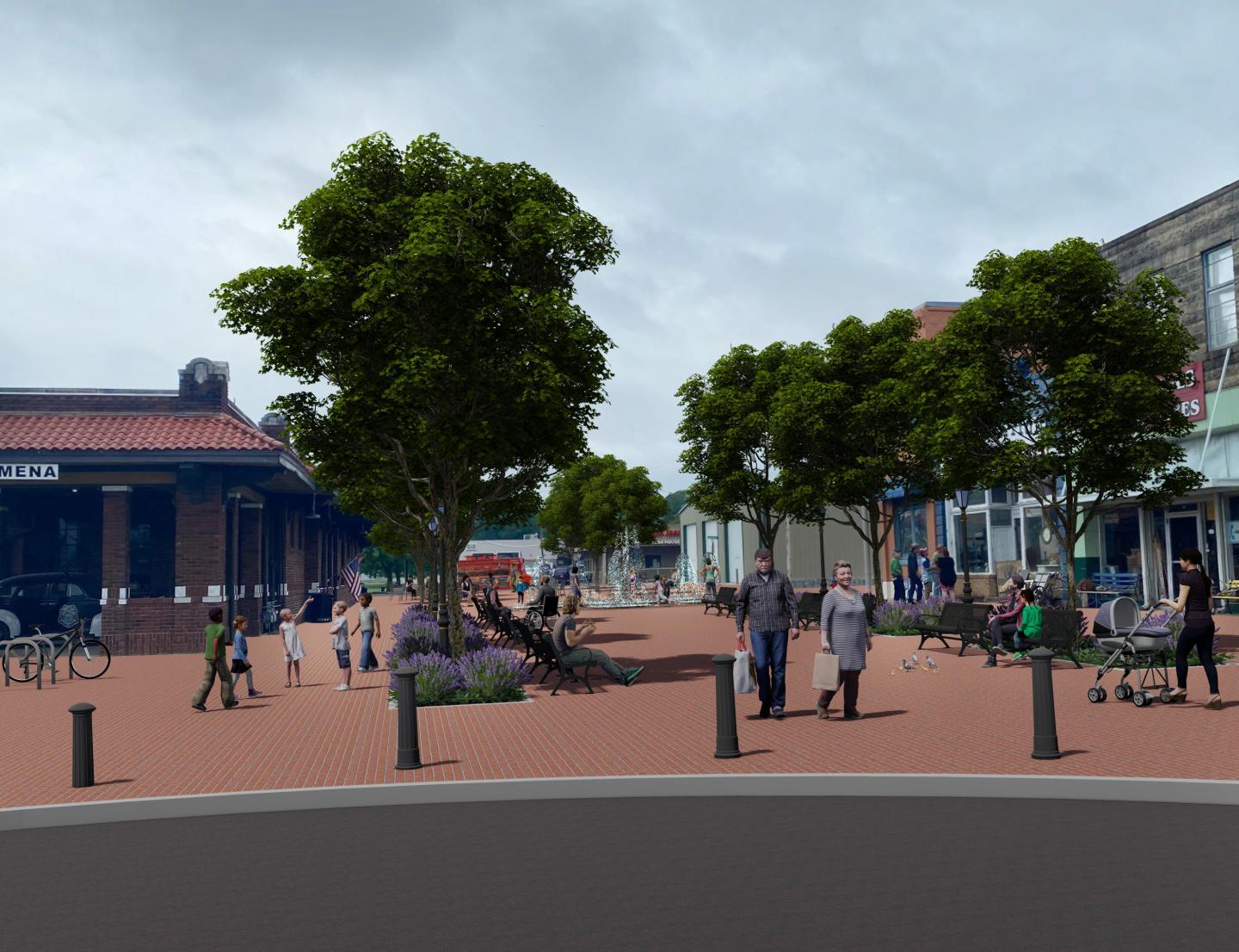 A digital rendering of a downtown area