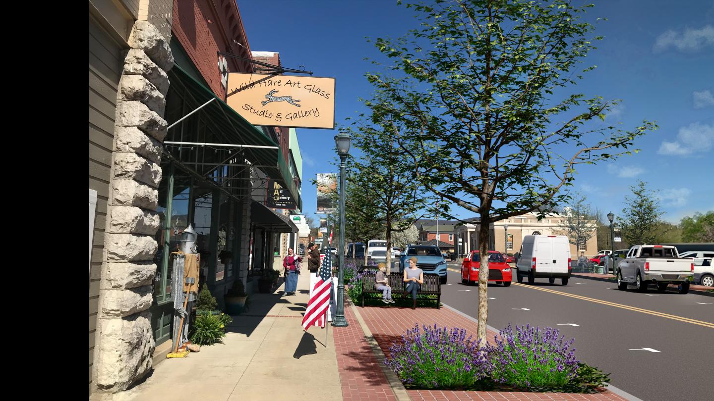 A digital rendering of a downtown area