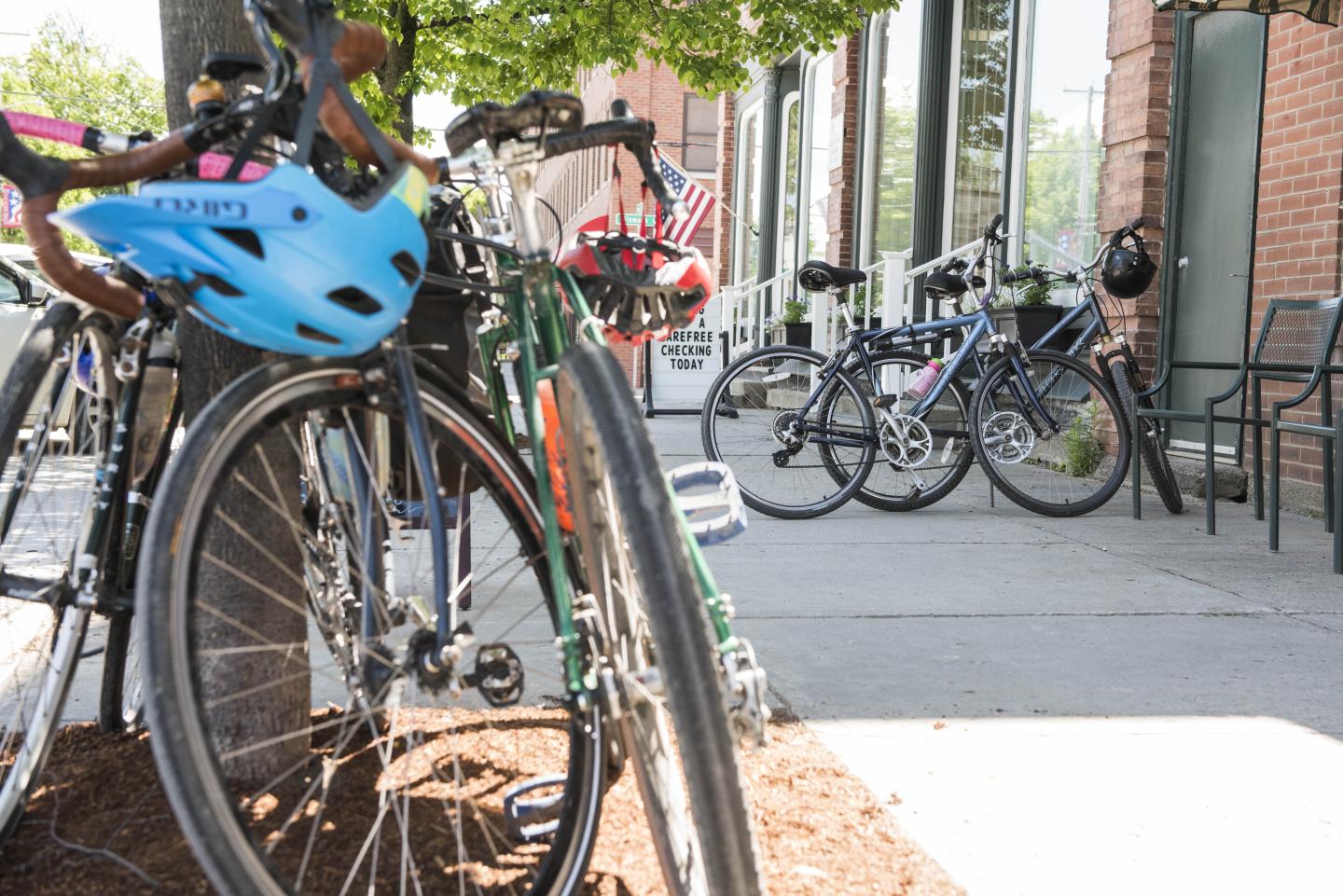 Bikes locked up in a town