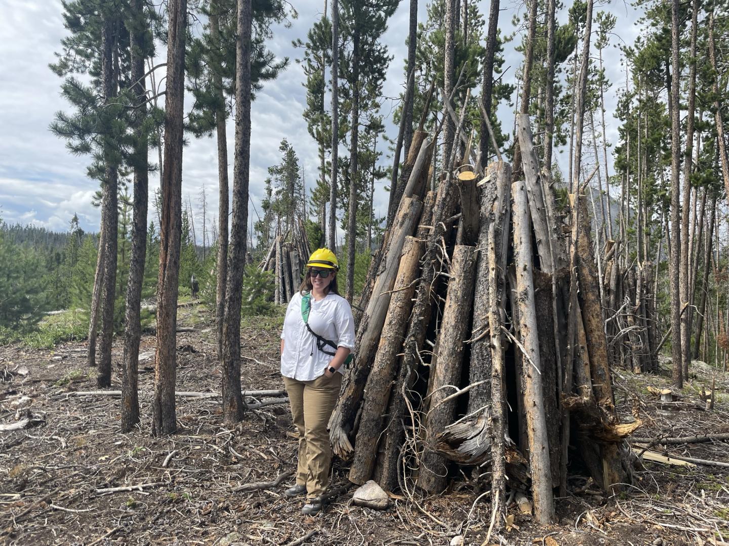 A person standing by a log pile