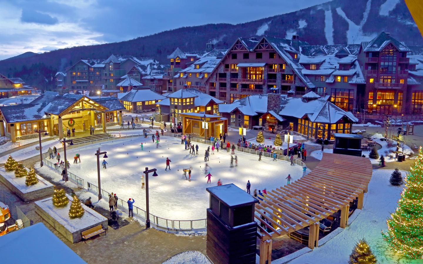 A resort town skate rink in winter