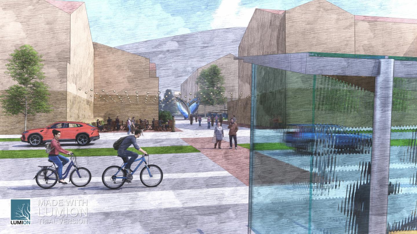 A digital rendering of a bus stop