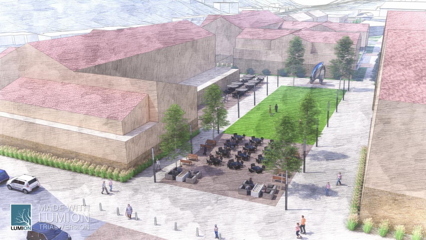 A digital rendering of a plaza
