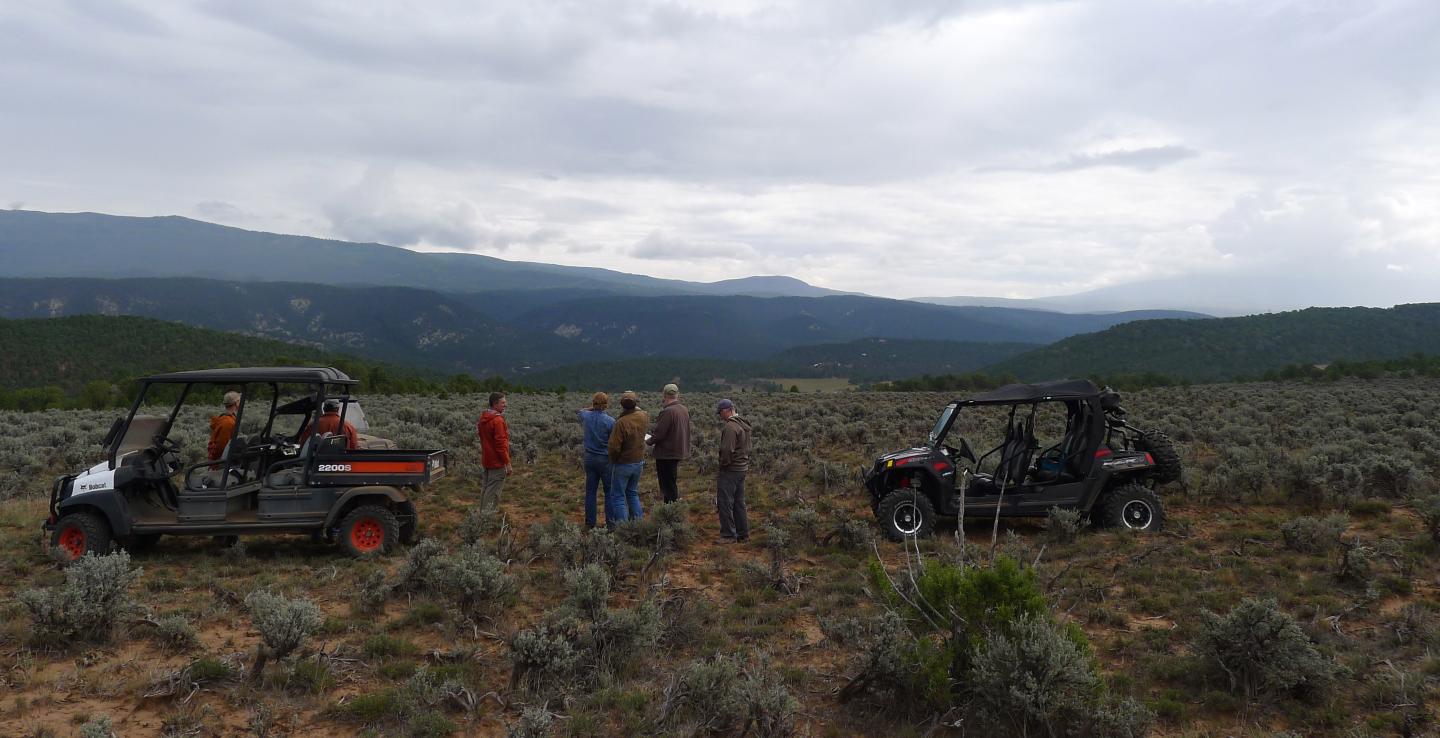 A group of people analyzing an area of land