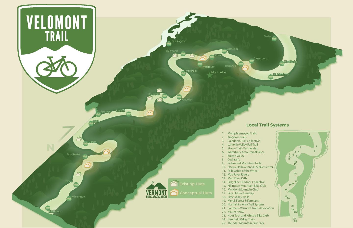 Map of the Velomont Trail running the length of Vermont