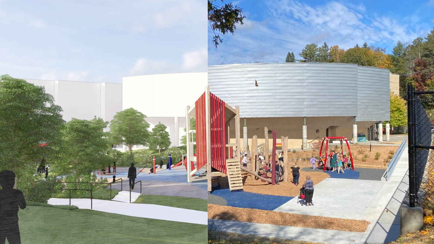 Split image of a playground, left in planning stage, right completed with equipment.