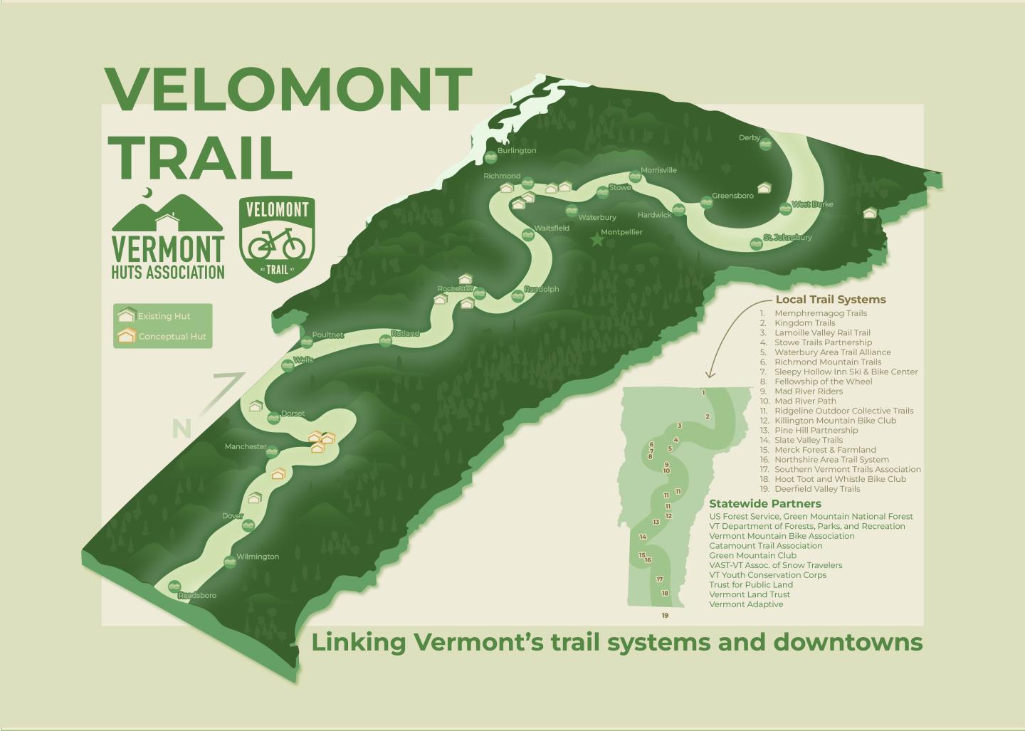 Map of Velomont Trail in Vermont, showing winding paths and trail connections.