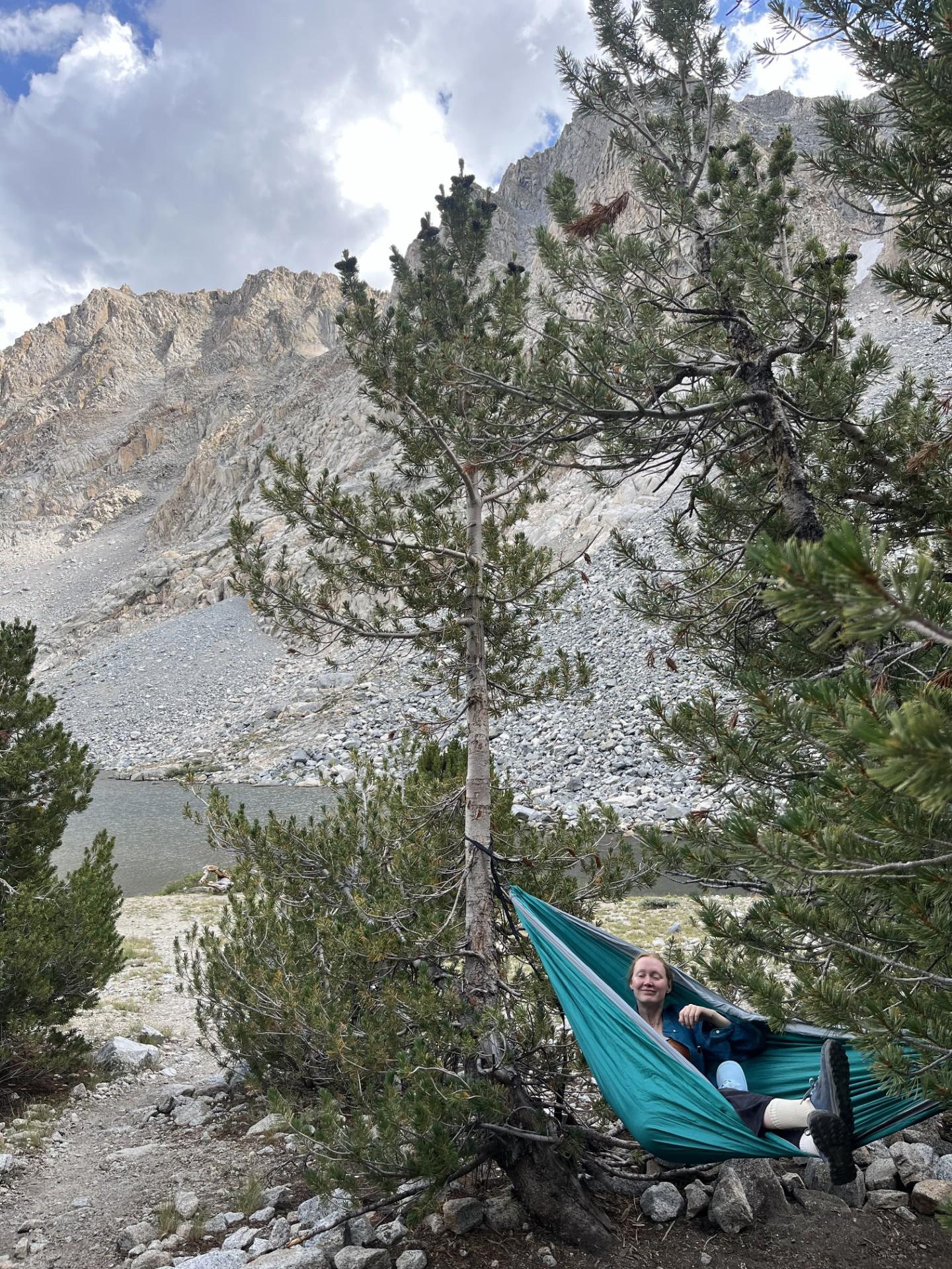 Person relaxing in a hammock among trees, with mountains in the background.