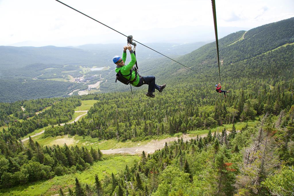Person ziplining over a lush green forest with a mountain view.