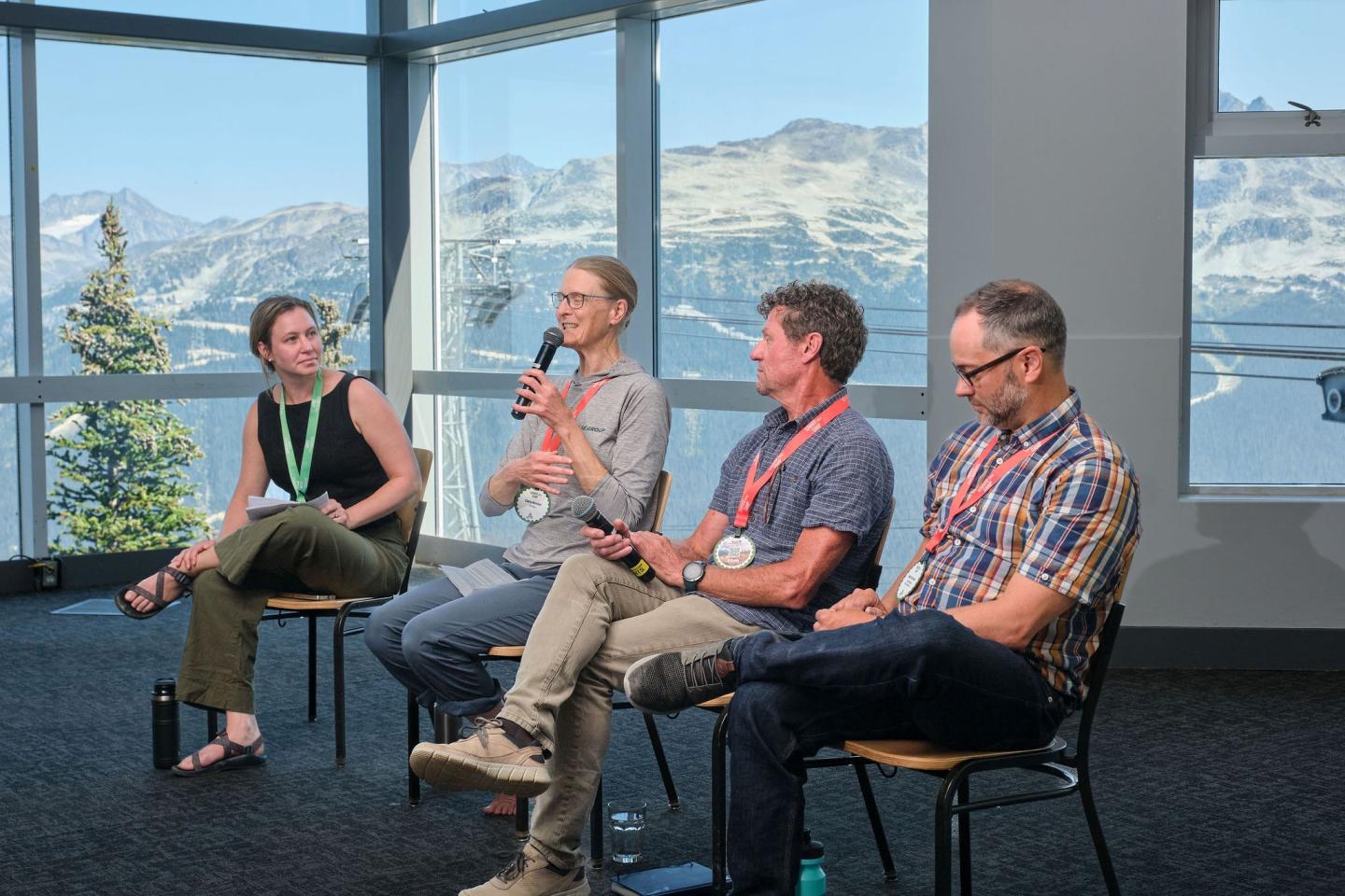 Four people on a panel discussion with mountain view.