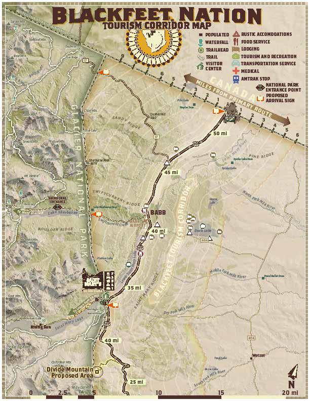 Tourism map of Blackfeet Nation with routes and landmarks marked.