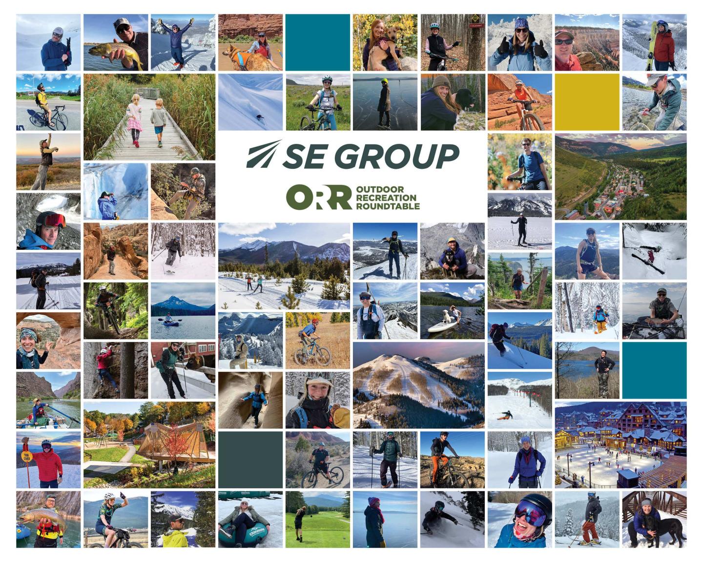 Collage of outdoor adventure photographs with SE Group logo.