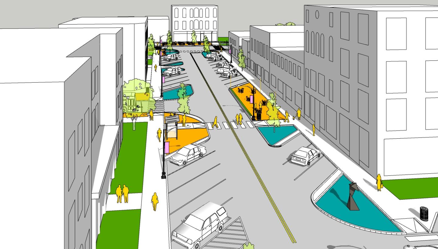 Illustration of a street with buildings, sidewalks, trees, and parking areas.