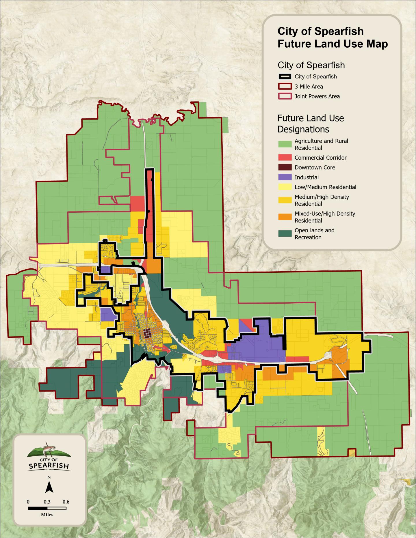 Spearfish future land use map with color-coded zones.