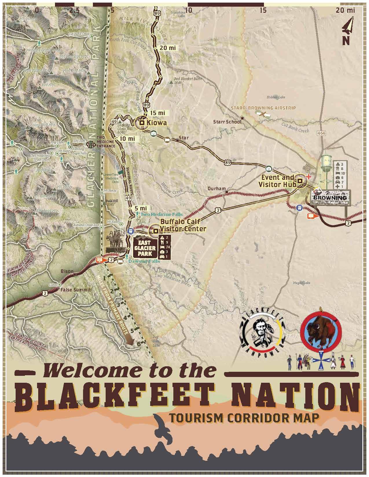 Tourism corridor map of Blackfeet Nation with roads and mountains.