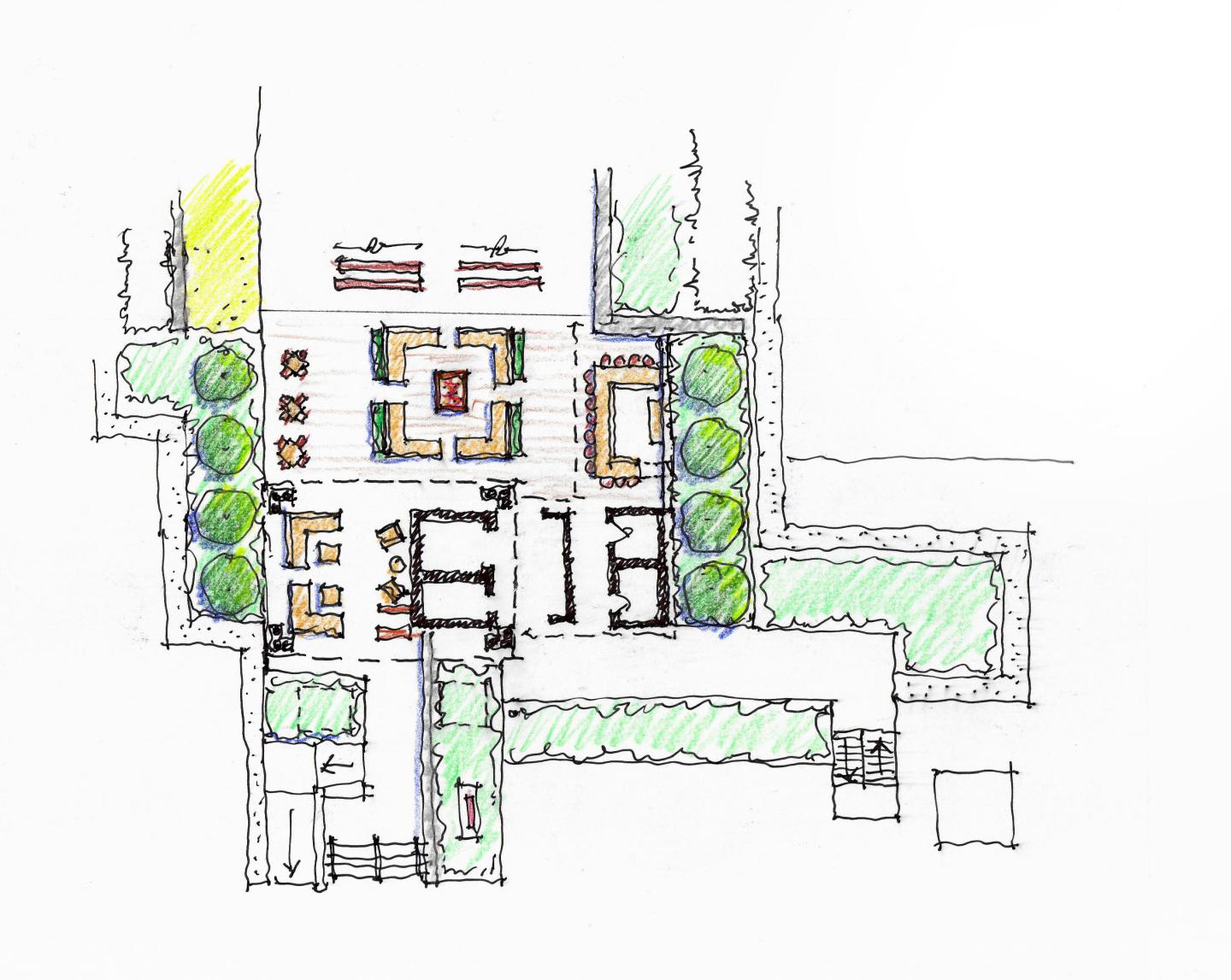 Architectural floor plan sketch with colored sections and greenery.