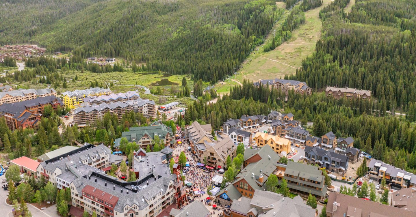 Aerial view of a Keystone CO with lush greenery and buildings.