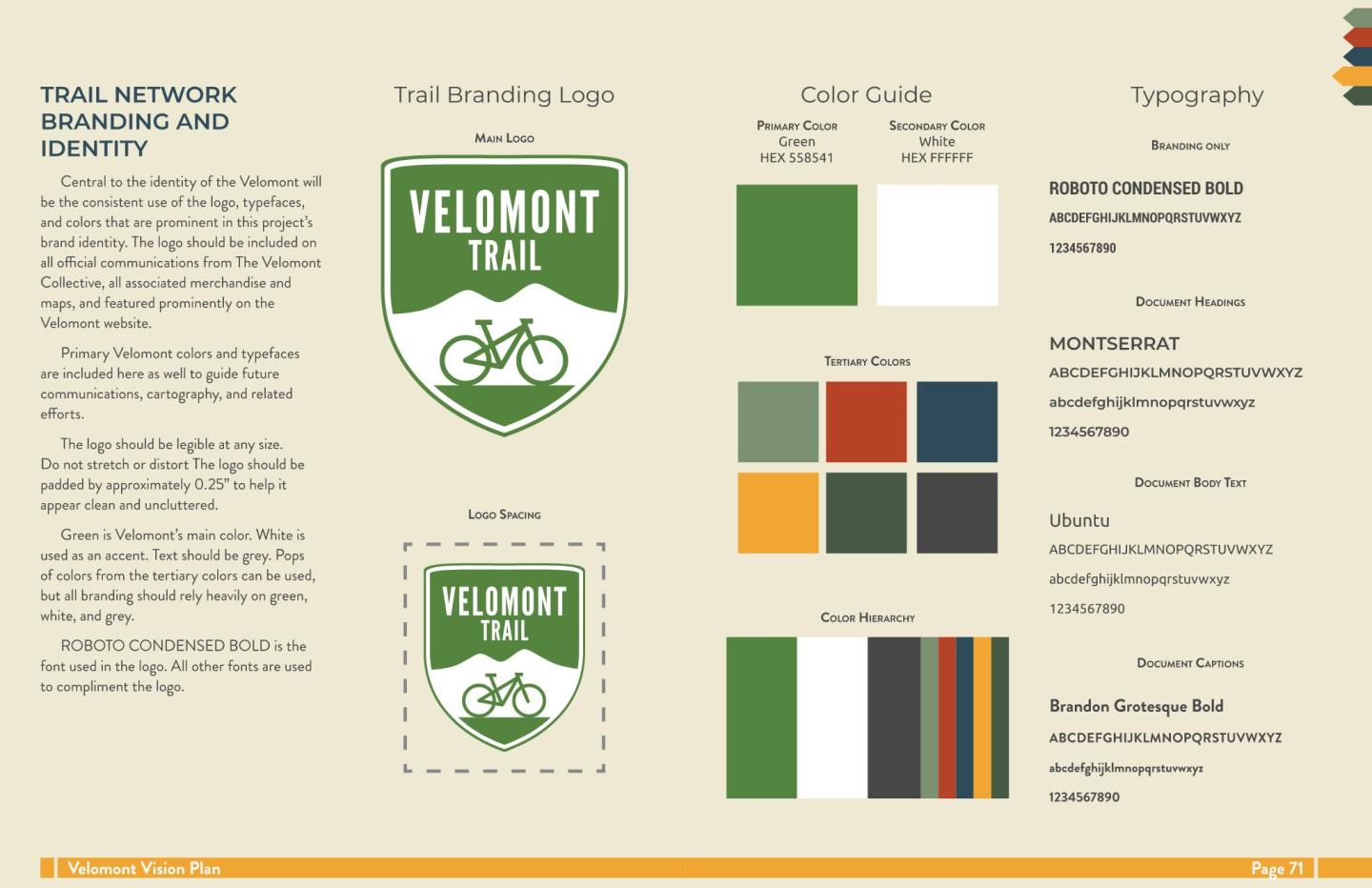 Branding guide with green shield logo, color swatches, and typography examples.