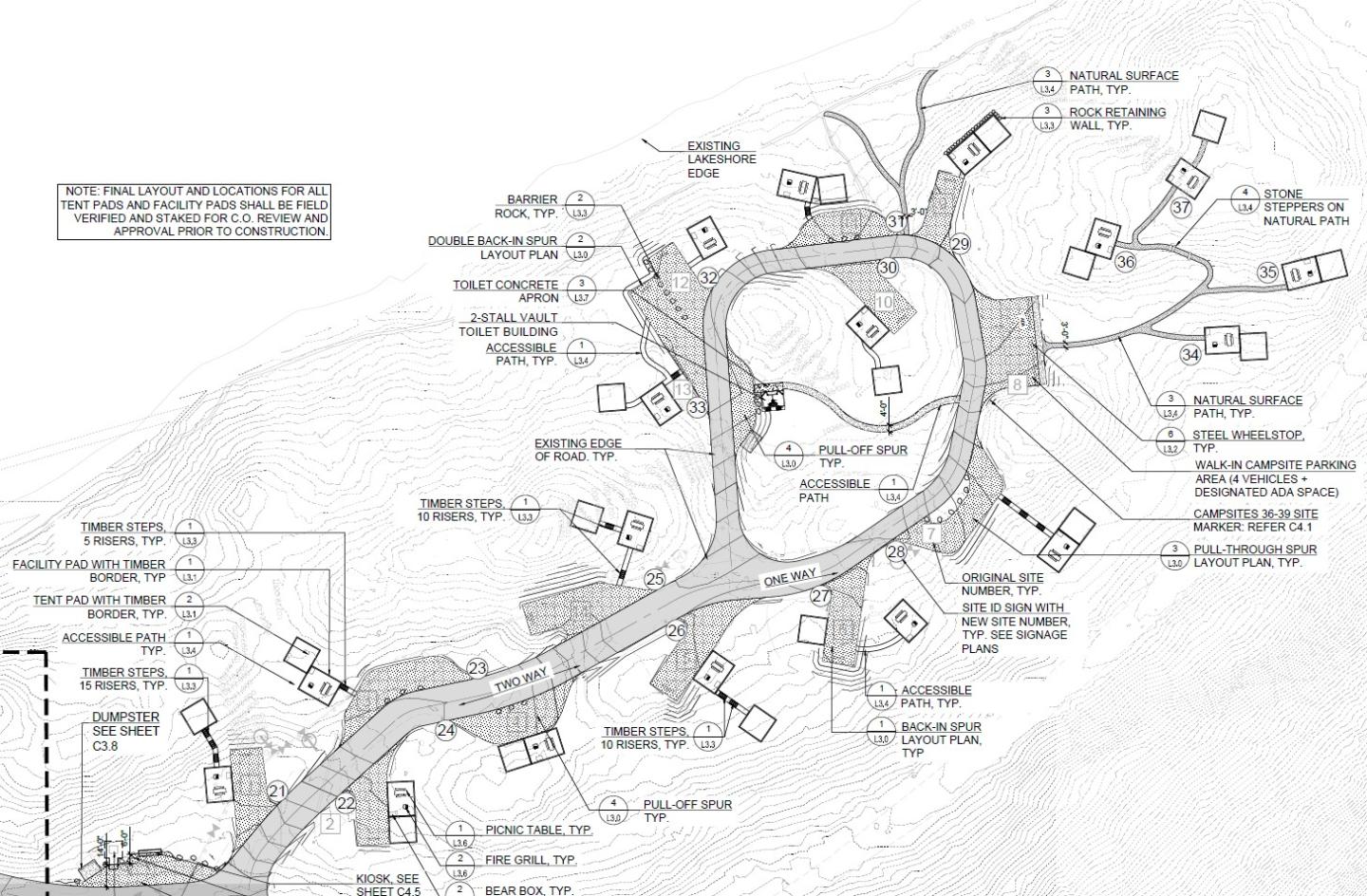 Architectural site plan with labeled structures and pathways.