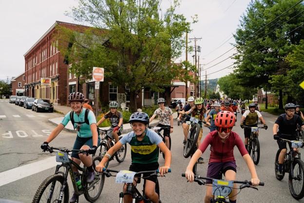 Riders depart on the Slab City Trail Challenge in Randolph, VT. Photo courtesy of Ridgeline Outdoor Collective. 