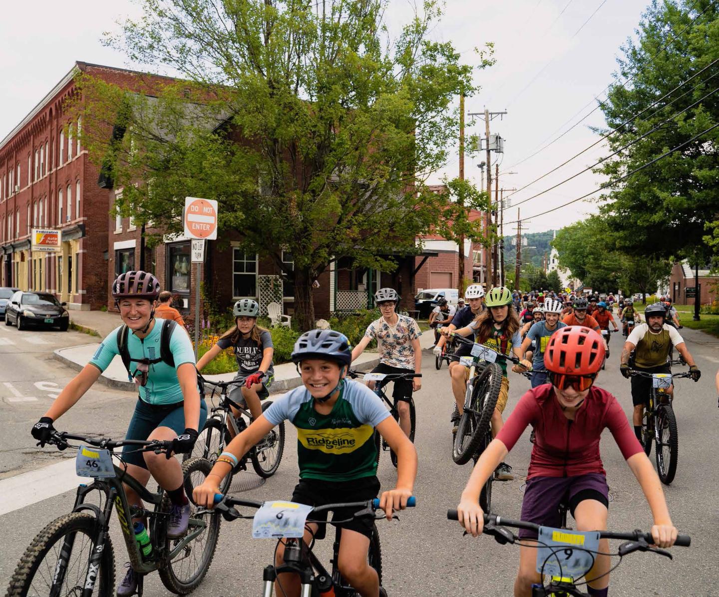 Riders depart on the Slab City Trail Challenge in Randolph, VT. Photo courtesy of Ridgeline Outdoor Collective. 